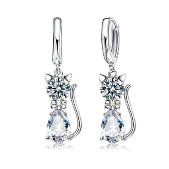 925 Sterling Silver Earrings And Necklace Set Cat Drop Cute Top Hoop - Picture 3 of 4